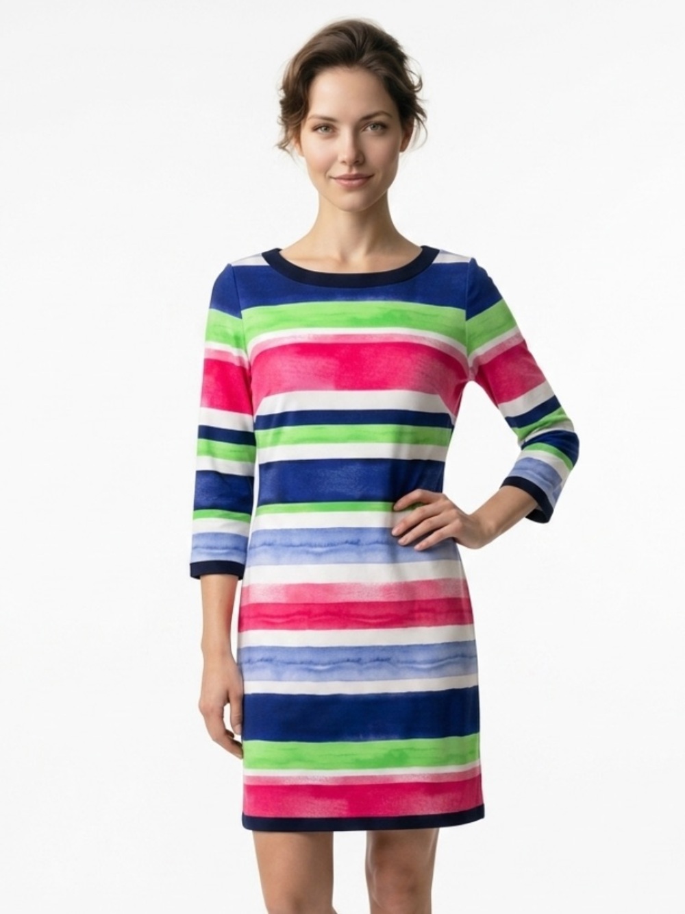 VINCE CAMUTO Knit Dress Striped Stretch Colorful Pink Green Blue Shift Summer 2